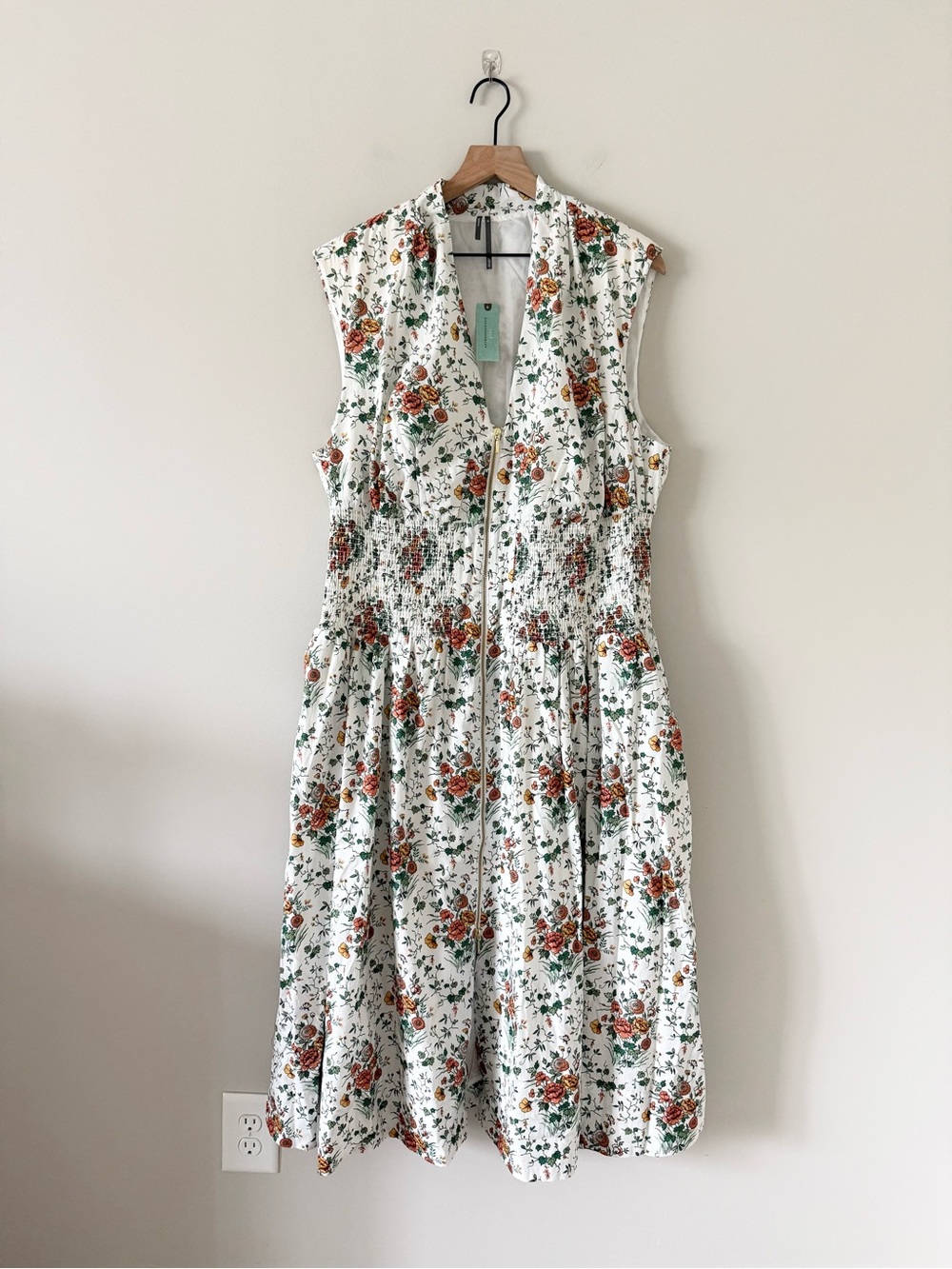 NWT Maeve Tommie Cap Sleeve Smocked Zip Front Midi Dress White Multi Floral 2X - Picture 3 of 8